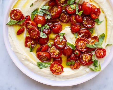 Creamy Hummus with Tomato Confit Savoury Dips, Tomato Confit, Creamy Hummus, Hummus Recipe Homemade, Cherry Tomato Recipes, Party Dip Recipes, Garlic Hummus, Tomato Jam, 2024 Goals