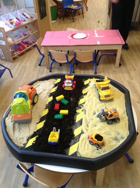 Digger Sensory Tray, Construction Area Early Years Activities, Digger Tuff Tray Ideas, Construction Tuff Tray, Construction Area Early Years, Tuff Tray Ideas Toddlers, Tuff Tray Ideas, Transportation Activities, Tuff Spot