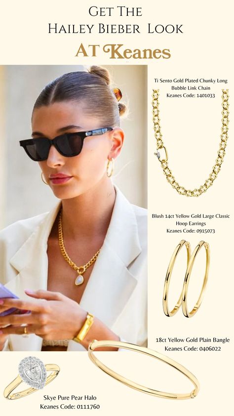 Hailey Bieber jewellery details with Keanes...  #gold #goldjewellery #hailetbieber #haileybaldwin #fashioninspo #jewelleryinspo #goldhoops #engagementring #diamondring #goldchain Killarney, Hailey Baldwin, Hailey Bieber, Gold Hoops, Boss Babe, Gold Chains, Rolex, Cork, Gold Jewelry