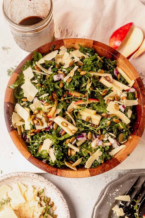 This kale apple salad is a must-try this time of year. It balances so many savory and sweet fall flavors, is light yet filling, and works great as a side or a main course with added protein. La Scala Chopped Salad Recipe, Scala Chopped Salad, Salad Balsamic, Kale Apple Salad, Roasted Broccoli And Carrots, Broccoli And Carrots, Garlic Kale, Salad With Balsamic Dressing, Apple Salad Recipes