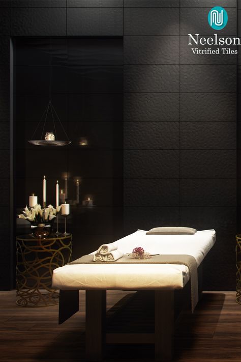 Black Massage Room Ideas, Dark Massage Room Aesthetic, Black Massage Room, Moody Spa, Reiki Studio, Moroccan Spa, Spa Vibes, Men Spa, Therapy Business