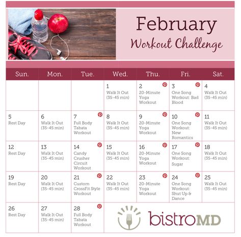 Join bistroMD's February 2017 Workout Challenge! Boost your weight loss results by adding exercise into your routine. This 28-day workout plan makes it easy to stick with it and reach your goals. 28 Day Workout Plan, Day Workout Plan, 45 Min Workout, Month Workout Challenge, Lose Water Weight, February Challenge, Best Sport, Sport Equipment, Month Workout