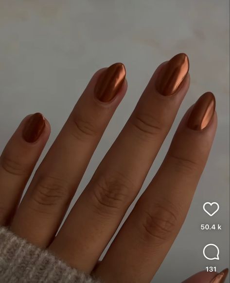 Copper Dust Nails, Gold Bronze Nails, Chrome Burnt Orange Nails, Chrome Nails Bronze, Nails To Match Burnt Orange Dress, Rust Brown Nails, Bronze Acrylic Nails, Rust Chrome Nails, Bronze Nails Acrylic