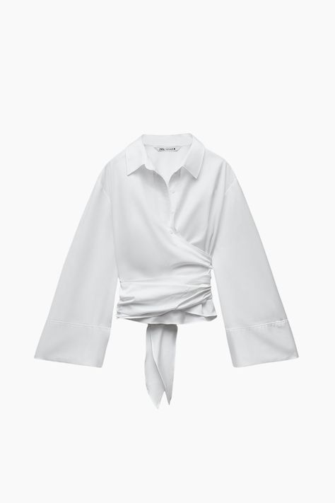 #fashion #fashiontrends #blouse #brands #clothing #woman #zara Zara Poplin Shirt, Ruffle Top Blouses, Layered Blouse, Poplin Top, Zara Tops Blouses, Hem Blouse, Wrap Shirt, Zara Blouse, Tie Neck Blouse