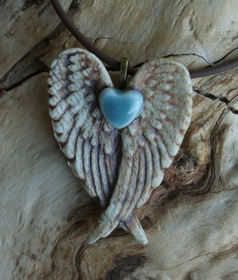 Heart With Wings Tattoo, Pottery Angels, Porcelain Heart, Winged Heart, Air Dry Clay Projects, Robin's Egg Blue, Metal Hanger, Heart With Wings, Clay Ornaments