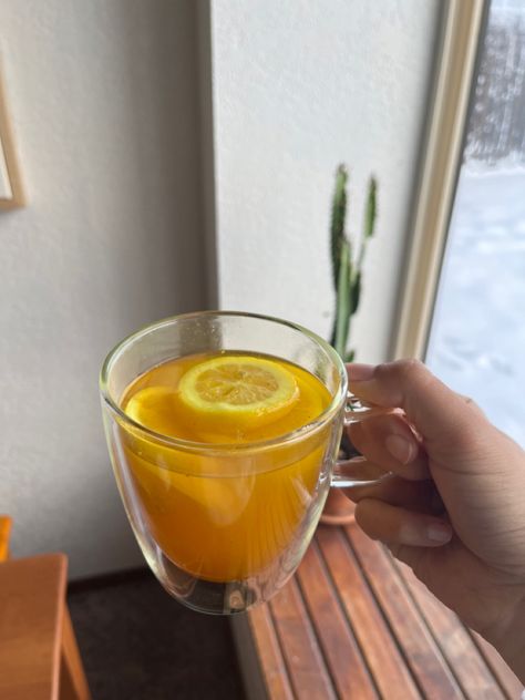 ginger, lemon, turmeric, black pepper, & hot water Ginger And Hot Water, Turmeric Aesthetic, Ginger Shots Aesthetic, Ginger Tea Aesthetic, Ginger Tumeric Tea, Orange Tea Aesthetic, Hot Lemon Water Aesthetic, Lemon Ginger Tea Aesthetic, Cumin Water