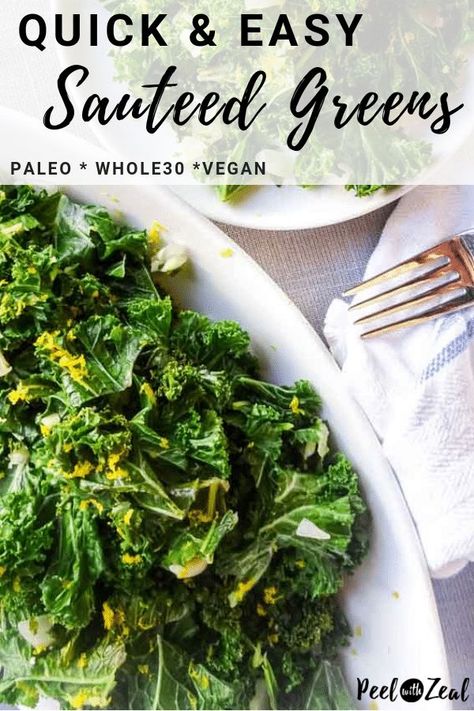 10 minutes easy sauteed greens recipe. Kale, swiss chard, spinach- use your favorite green!   A quick side dish for dinner tonight. Whole30, paleo, wahls protocol dinner recipe, low carb, keto healthy, vegan #recipe #kale #paleo from peelwithzeal.com #vegan Eat more veggies! via @peelwithzeal Sautéed Greens, Swiss Chard Recipes Easy, Recipe Kale, Wahls Protocol, Gluten Free Recipes For Lunch, Side Dish For Dinner, Kitchen Sanctuary, Quick Side Dish, Swiss Chard Recipes