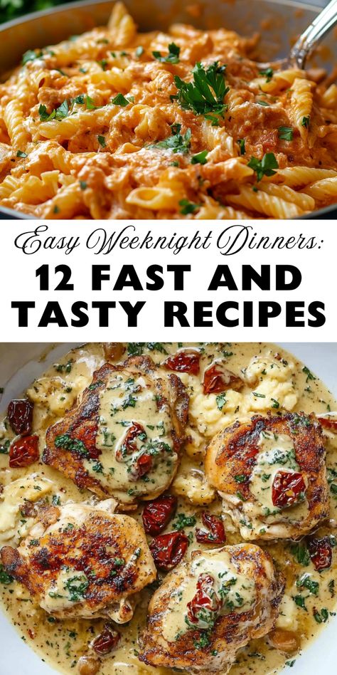 Enjoy 12 simple dinner recipes for fast weeknight meals. These easy-to-make dishes are perfect for busy evenings when you need a quick and tasty meal. Save this pin for your favorite fast dinner recipes! Easy Dinner Ideas For The Week, Family Pleasing Dinners, Easy Large Dinner Recipes, Simple Beginner Recipes, Good Easy Dinners, Easy Elegant Dinner Recipes, Easy But Impressive Dinner, Easy Meals For Dinner For Two, Easy Dinner Recipes For College Students