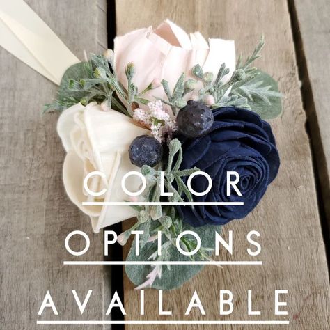 Wood Flower Corsage, Pinned Corsage, Wedding Flower Alternatives, Wedding Wrist Corsage, Wooden Flower Bouquet, Lavender Wedding Bouquet, Wedding Navy Blue, Wrist Corsage Wedding, Bridal Corsage