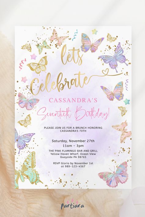 Birthday Invitation Template Free Editable, Butterfly Invitation Template, 7th Birthday Invitation, Butterfly Birthday Party Invitations, Girl Birthday Invitations, Online Birthday Invitations, Dinner Party Invite, Butterfly Invitation, Sparkle Birthday