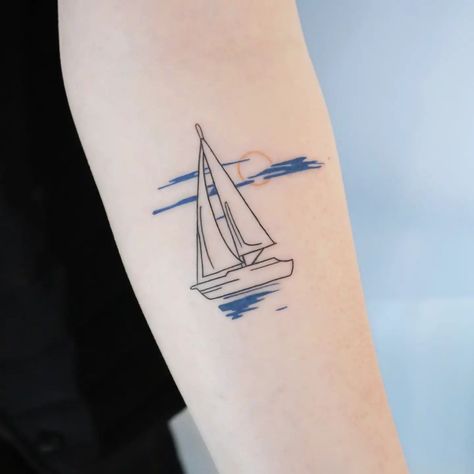 Minimalist Ship Tattoo, Comforting Tattoos, Catamaran Tattoo, Moutain Tattoos, Sailing Tattoo, Sailboat Drawing, Fandom Tattoos, Sailboat Tattoo, Boat Tattoo