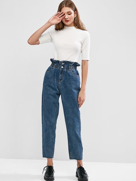 Pockets Straight Paperbag Jeans  JEANS BLUE , #Affiliate, #Paperbag, #Straight, #Pockets, #BLUE, #JEANS #Ad Cheap Jeans For Women, Paperbag Jeans, Vintage High Waisted Jeans, Paper Bag Jeans, Jean Dresses, High Waisted Jeans Vintage, Ripped Mom Jeans, Blue Ripped Jeans, Cheap Jeans