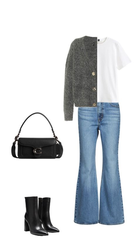 Cardigan, flared jeans, coach handbag, black boots Coach Handbag, Handbag Black, Grey Cardigan, Flared Jeans, Coach Handbags, Flare Jeans, Black Boots, Handbags, Boots