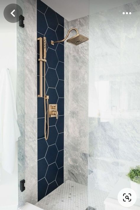 Navy And Chrome Bathroom, Navy Blue And Marble Bathroom, Statement Shower Tile, Tall Ceiling Bathroom Ideas, Mixing Tile Patterns Bathroom, Marble And Navy Bathroom, Navy Ensuite, Navy Tile Shower Ideas, Black And Blue Bathroom Ideas