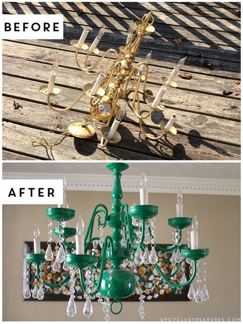 Check out this Upcycled Vintage-Inspired Chandelier! The after is gorgeous! Townhouse Updates, Backyard Lighting Diy, Chandelier Diy, Diy Luminaire, Chandelier Makeover, Old Chandelier, Backyard Wedding Lighting, Diy Outdoor Lighting, Diy Lampe