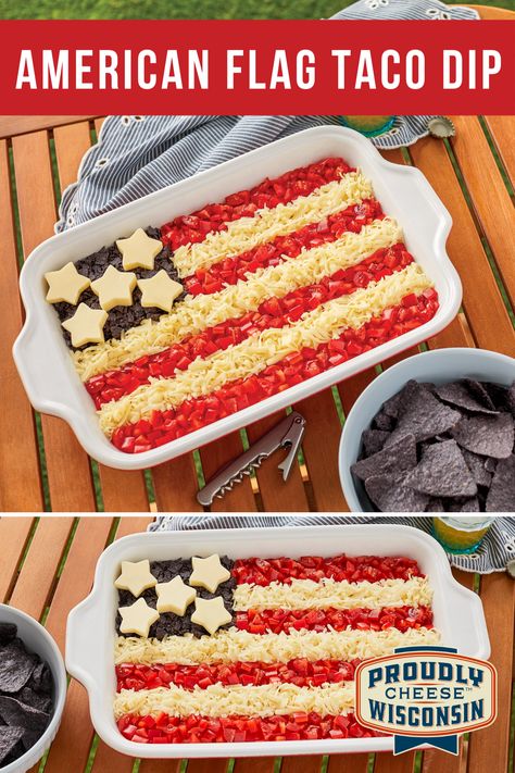 Memorial Day Taco Dip, Taco Dip 4th Of July, 4th Of July Mexican Dip, Taco Dip American Flag, American Flag Food Ideas, Red White And Blue Taco Dip, 4th Of July Bean Dip, Fourth Of July Taco Dip, Flag Taco Dip