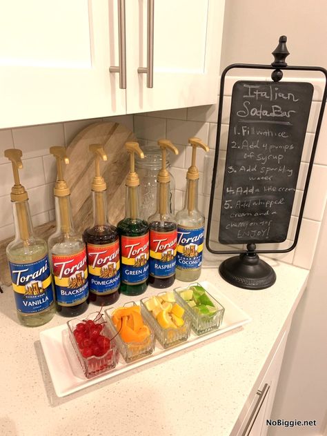 Soda Bar In House, Make Your Own Soda Bar, Italian Soda Station, Italian Sodas Bar, Diy Italian Soda Bar, Diy Wedding Meals Food Ideas, Flavored Soda Bar, Italian Soda Bar Recipes, Italian Soda Bar Sign