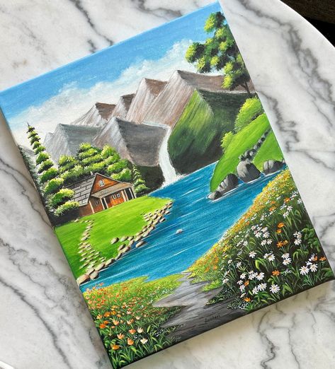 Painting Ideas On Canvas Nature Beautiful, Canvas Painting Nature Landscapes, Painting Ideas For Gifting, Switzerland Painting Acrylic, Travel Acrylic Painting, Water Paints Ideas, Canvas Landscape Painting Acrylics, Canvas Painting Landscape Acrylics, Landscape Ideas Painting Acrylics