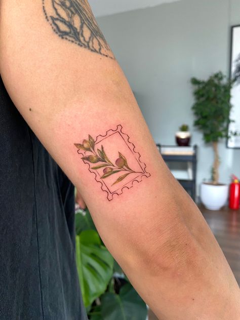 colorful olive tattoo #olivebranchtattoo #olivetattoo #olivebranch Mary Oliver Tattoo Ideas, Olive Stamp Tattoo, Olive Branch Tattoo Color, Olive Branch Stamp Tattoo, Green Olive Tattoo, Greece Inspired Tattoo, Olive Tattoos, Hannah Michelle, Olive Tree Tattoo