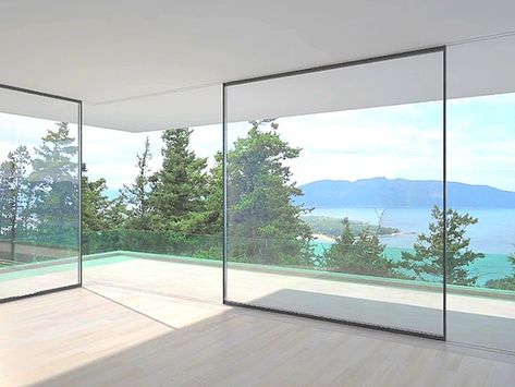 https://architizer.com/brands/vitrocsa/products/turntable-corner Corner Window, Glass Walls, Empty Room, Sliding Windows, Window View, Window Frames, Sliding Glass Door, Glass House, 인테리어 디자인