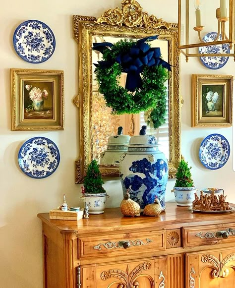 Blue Willow Decor, Decorating With Plates, Willow Decor, French Country Decorating Living Room, Millennial Style, Grandmillenial Style, Grand Millennial Style, Decorating With Blue, Blue And White Living Room