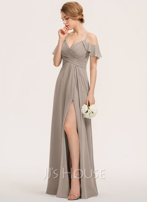 A-Line V-neck Floor-Length Chiffon Bridesmaid Dress With Ruffle Split Front Cascading Ruffles (007190714) - JJ's House Dress With Split, Designer Bridesmaid Dresses, Floor Length Chiffon Bridesmaid Dresses, Cascading Ruffles, Bridesmaid Dress Styles, Chiffon Bridesmaid Dress, Chiffon Bridesmaid, Wedding Bridesmaid Dresses, Wedding Bridesmaids