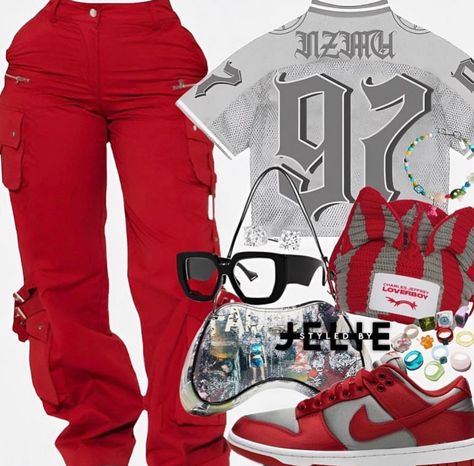 Black And Red Streetwear Outfit, Red Cargo Pants For Streetwear, Red Streetwear Pants, Red Streetwear Cargo Pants, Red And Black Fits Baddie, Chicago Fits, Dunks Outfits, Dunk Outfit, Fire Outfits