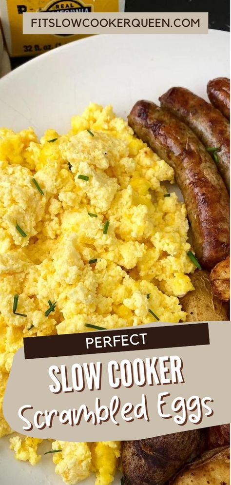 Slow cooker scrambled eggs is the perfect recipe for a holiday breakfast or brunch. You can cook dozens of eggs all at once in this easy egg recipe. This slow cooker scrambled eggs recipe allows me to have breakfast or brunch ready without spending time away in the kitchen so I can spend more quality time with my family. Eggs In The Crockpot, Crockpot Eggs Scrambled, Slow Cooker Scrambled Eggs, Scrambled Eggs In Crockpot, Crock Pot Eggs, Slow Cooker Egg Recipes, Freeze Scrambled Eggs, Crockpot Egg Bake, Crockpot Eggs