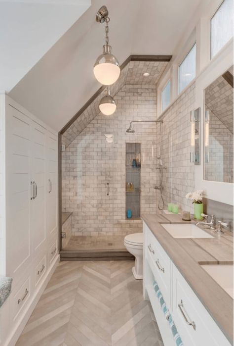 Sloped Ceiling Bathroom, Herringbone Shower, Attic Bathroom Ideas, Farmhouse Bathroom Design, Loft Bathroom, Bathroom Farmhouse Style, Attic Bathroom, Small Bathroom Ideas On A Budget, Small Remodel