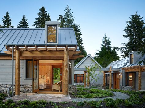 Clustered buildings . . . instead of skylights, the use of dormer windows not only brings light (indirect) into the house, but breaks up the monotony of the identical roofline of 3 clustered buildings.  Key Peninsula Residence « DAVID VANDERVORT ARCHITECTS Family Compound, Farmhouse Architecture, Rustic Exterior, Cedar Homes, Cubby Houses, Contemporary Exterior, Farmhouse House, House Plans Farmhouse, Farmhouse Exterior