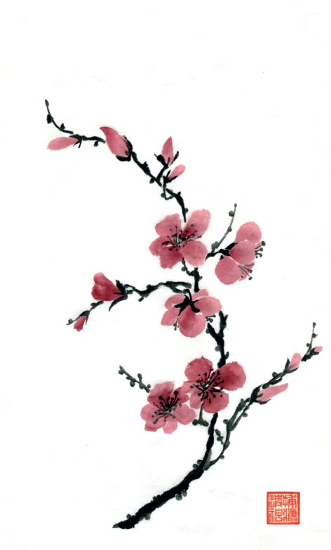 Cherry Blossom Painting, Japanese Watercolor, Chinese Art Painting, Cherry Blossom Art, Chinese Brush Painting, Cherry Blossom Tattoo, Blossom Tattoo, Chinese Brush, Soyut Sanat Tabloları