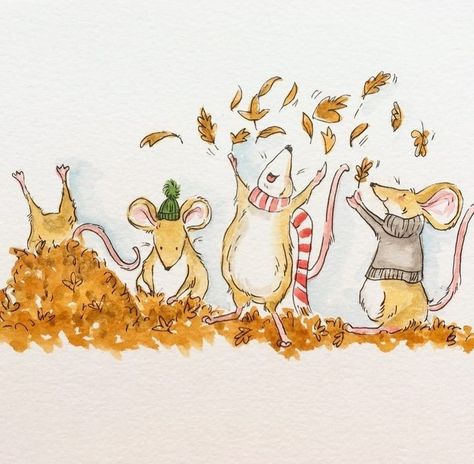 Cute Fall Animal Drawings, Autumn Animals Drawing, Drawing About Yourself, Mice Illustration, Dancing Mice, Maus Illustration, Fall Drawings, Mouse Illustration, Storybook Art