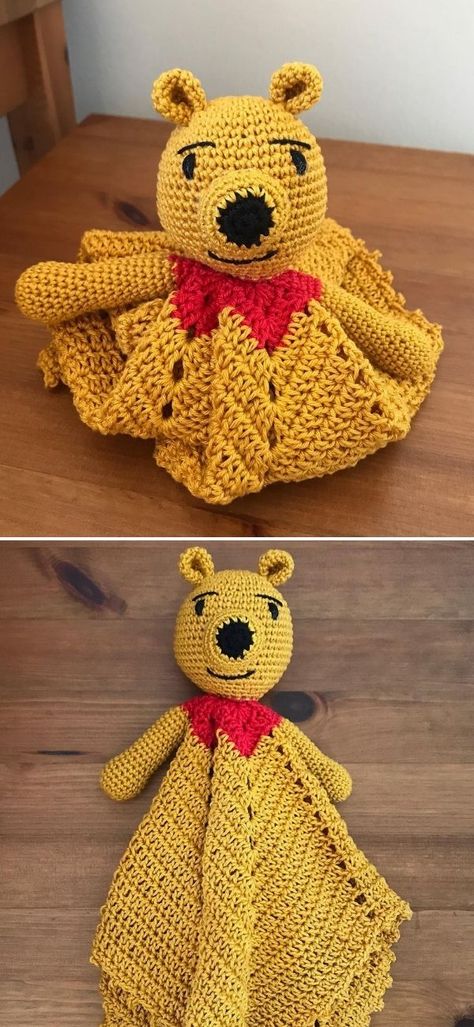 Adorable Crochet Lovey Patterns.We all know and love Winnie the Pooh, right? How amazing would it be a make a lovey inspired by this timeless character? So Tatie though of it and created this beautiful, timeless toy and lovey, that will be your baby best friends and a sweet reminder of childhood. #freecrochetpattern #baby #lovey Simple Granny Square, Lovey Free Pattern, Winnie The Pooh Blanket, Crochet Lovey Free Pattern, Blankets For Babies, Crochet Toys Free Patterns, Poncho Patterns, Lovey Pattern, Crochet Lovey