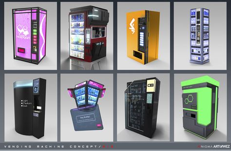 Aenigma - Vending Machine Concept Art 1 - Mid, Derek Weselake on ArtStation at https://www.artstation.com/artwork/L4yaw Vending Machine Concept, Machine Concept Art, Futuristic Computer, Vending Machine Design, Soda Vending Machine, Sci Fi Building, Speculative Design, Sci Fi Props, Rave Gear