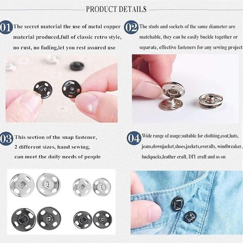 Amazon.com: Fuman Forest 100 Sets Sew-on Snap Buttons Metal Snaps Fasteners Press Studs Buttons for Sewing, 8.5 mm,10 mm & 12mm,Black & Silver, (Fuman-034) Diy Bags Purses, Sewing Lessons, Snap Fasteners, Button Crafts, Sewing A Button, Diy Style, Press Studs, Sewing Stores, Diy Bag