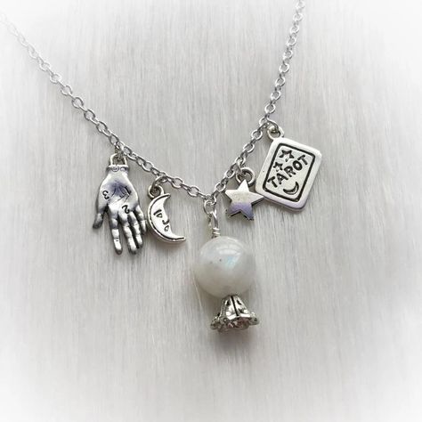 Natural Moonstone Crystal Ball Necklace with Palmistry Charms, Moon an – Real Wiccan Spells Moonstone Crystal Necklace, Moon Cafe, Tarot Necklace, Crystal Ball Necklace, Silver Necklaces Women, Witchy Jewelry, Moonstone Crystal, Silver Jewelry Necklace, Fortune Teller