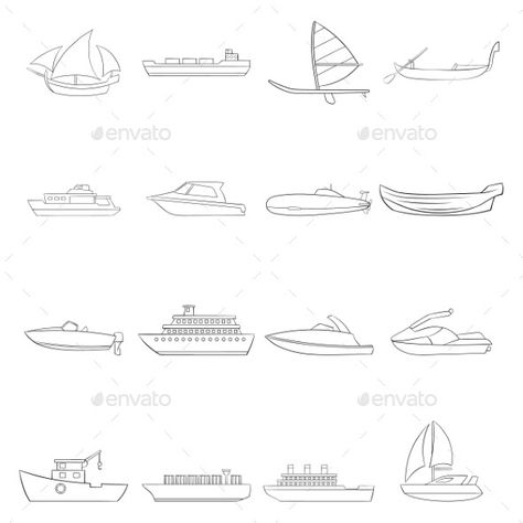 Ship and Boat Icon Set Outline Speedboat Tattoo, Boat Outline Tattoo, Ferry Boat Tattoo, Boating Tattoo, Little Boat Tattoo, Small Motor Boat, Boat Hoist, Boat Sketch, Boat Icon