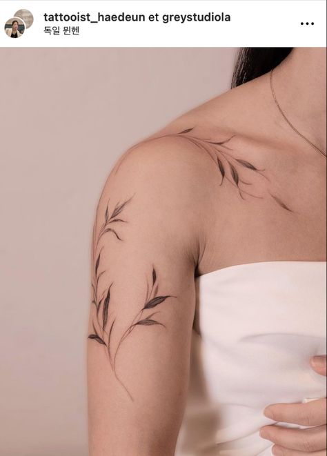 Collarbone To Arm Tattoo, Shoulder Foliage Tattoo, Leaf Tattoo On Shoulder, Leaf Shoulder Tattoos For Women, Branch Shoulder Tattoo, Shoulder Leaves Tattoo, Leaves Shoulder Tattoo, Vines Wrapped Around Arm Tattoo, Wrap Around Shoulder Tattoo