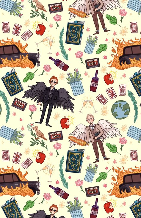 Good Omens wallpaper Fandom Wallpaper, Paddington 2, Good Omens Book, Ineffable Husbands, Wallpaper For Sale, Ange Demon, Good Omens, Pattern Collection, Angel And Devil