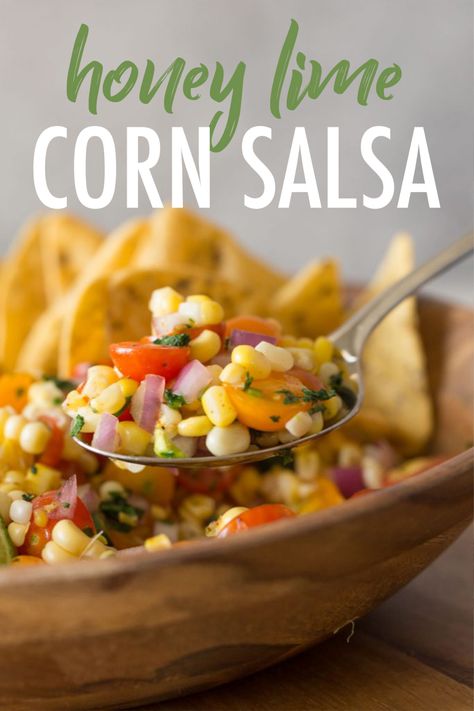 This Honey Lime Corn Salsa is the perfect combination of sweet and spicy. Everything is so fresh and perfect for summertime! Sweet Corn Salsa Recipe, Sweet Corn Salsa, Lime Corn, Corn Salsa Recipe, Honey Lime Chicken, Spicy Corn, Spicy Honey, Corn Salsa, Honey Lime