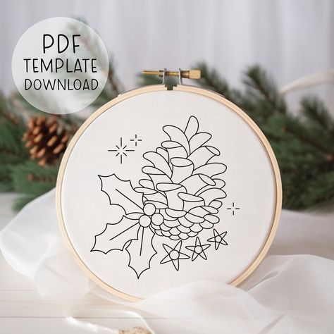 Pinecone Embroidery Pattern, Festive Embroidery Pattern, Embroidery Christmas Pattern Christmas Holidays Embroidery Pattern Christmas Design Yule Embroidery Pattern, Simple Christmas Embroidery Designs, Pinecone Embroidery, Free Christmas Embroidery Patterns, Holiday Embroidery Patterns, Festive Embroidery, Embroidery Guide, Holiday Embroidery, Basic Embroidery