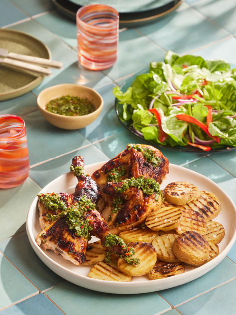 Moreishly juicy Rangitikei Butterflied Peri Peri Chicken with grilled potato rounds and a zesty chimichurri drizzle. Parboiled Potatoes, Potato Rounds, Butterflied Chicken, Free Range Chicken, Peri Chicken, Peri Peri Chicken, Grilled Potatoes, Peri Peri, Chimichurri Sauce