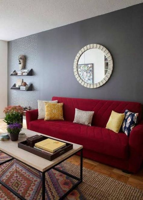 RED LIVING ROOM IDEAS – It isn’t without reasons that red symbolizes bravery. Applying red for our living room takes courage because the color is quit... Red Sofa Decorating, Grey And Red Living Room, Red Sofa Living, Red Furniture Living Room, Red Sofa Living Room, Red Couch Living Room, Couches Living, Grey Couch, Grey Couch Living Room