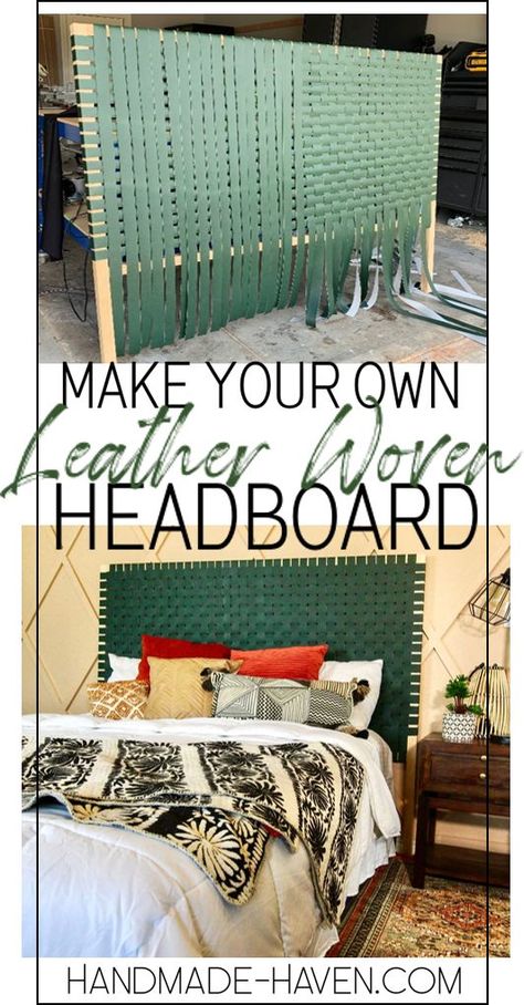 Diy Leather Headboard, Woven Headboard, Diy Farmhouse Bedroom, Diy Outdoor Lighting, Leather Headboard, Diy Headboards, Diy Headboard, Vinyl Fabric, Leather Weaving