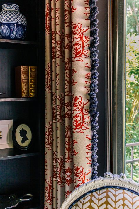 Take The Drapes! How We Repurposed Window Treatments From One Home To Another | Cedar & Rush Custom Drapes Living Room, How To Choose Curtains, Adding Length To Curtains, Printed Curtains Bedroom, Drapery Inspiration, Repurposed Window, Ikat Curtains, Drapery Ideas, Curtains And Pelmets