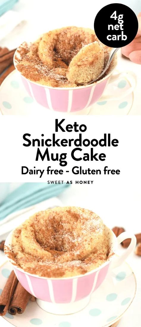 This Keto Snickerdoodle Mug Cake is perfect to fix a sweet craving with only 4 g net carbs serve. Plus, it's also dairy-free and gluten-free so you can share with everyone ! Mug Cake Microwave Vanilla, Keto Mug Cake Microwave, Snickerdoodle Mug Cake, Mug Cake Keto, Coconut Flour Mug Cake, Microwave Cake Recipe, Cinnamon Mug Cake, Cake Microwave, Low Carb Mug Cakes