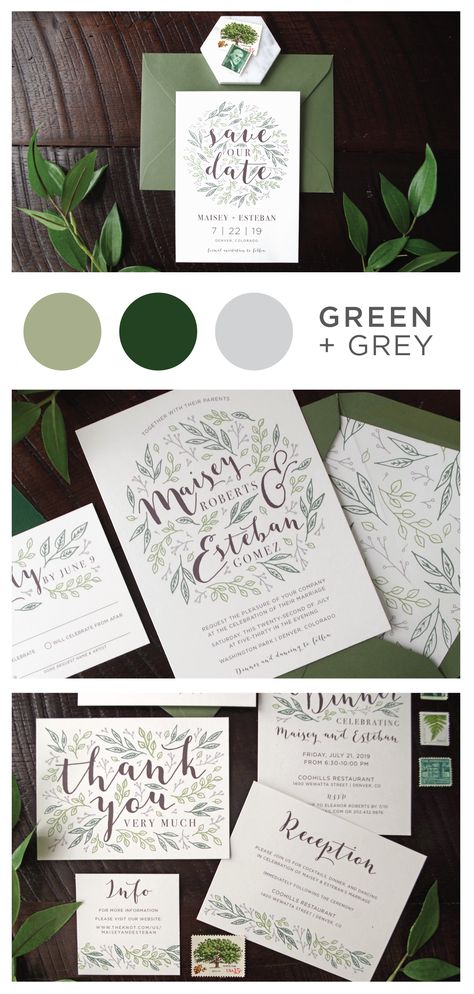 Botanical illustration Green & Grey Wedding inspiration perfect for a modern garden wedding or an urban wedding dripping with greenery. Palette of greens - emerald and sage. Earthy and organic with clean, modern touches. Emerald And Grey Wedding, Emerald And Sage Wedding, Green Grey Wedding, Goat Wedding, Emerald Palette, Sage Wedding Invitations, Modern Garden Wedding, Rustic Decorations, White Winter Wedding