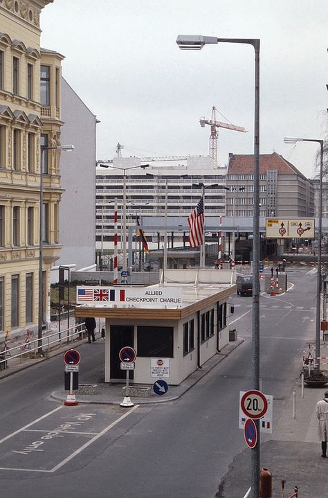 West Berlin - Checkpoint Charlie - March 1988 | by Ladycliff West Berlin 80s, Checkpoint Charlie Berlin, Berlin Clubbing, Checkpoint Charlie, West Berlin, East Berlin, Walter Gropius, Urban Fabric, Berlin Wall