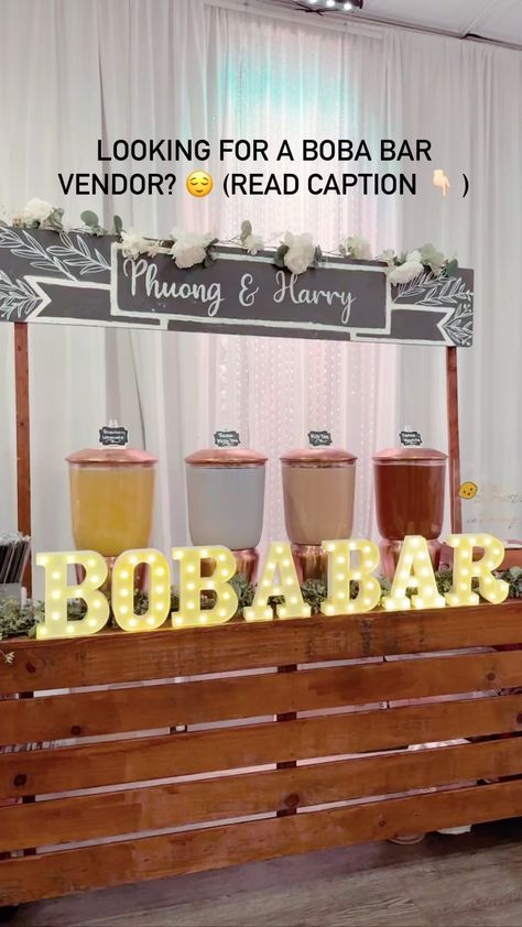 Main Squeeze Catering | Customizable boba stand available for rent with any boba bar service! 😍 Email: mainsqueezeoc@gmail.com for any inquiries!… | Instagram Diy Bartender Station, Quince Bar Ideas, Quince Drinks, Wedding Boba Bar, Boba Bar Station Diy, Ramen Bar Party, Boba Bar Station, Ramen Bar Wedding, Wedding Boba