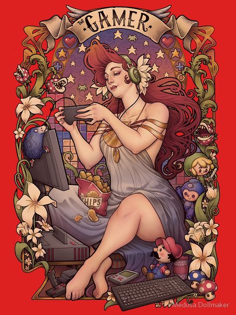 "Gamer girl Nouveau" Unisex T-Shirt by medusadollmaker | Redbubble Cross Stitch Games, Art Couple, Retro Gamer, Funny Tee Shirts, Alphonse Mucha, Art Video, Doll Maker, Inspiration Art, Caricatures